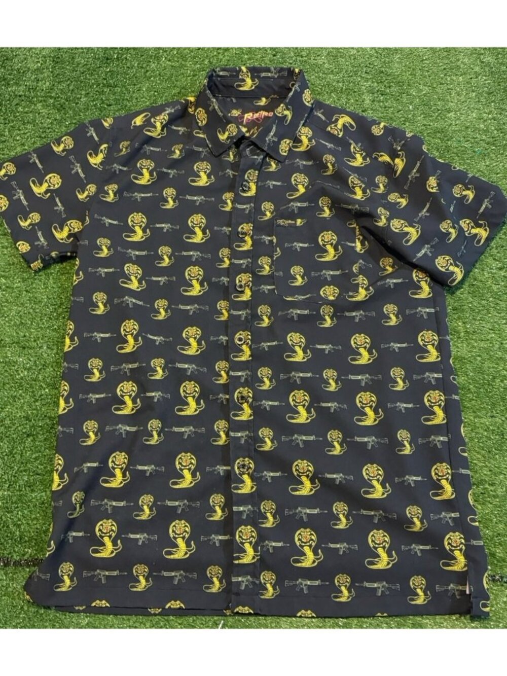 Retro Rifle shirt mens medium black yellow cobra rifle no mercy karate kid AOP